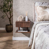 Bedside Tables - Floating Bedside Table Dex Acacia Wood Drift Brown 1 Drawer Open Shelf - Dimehouse