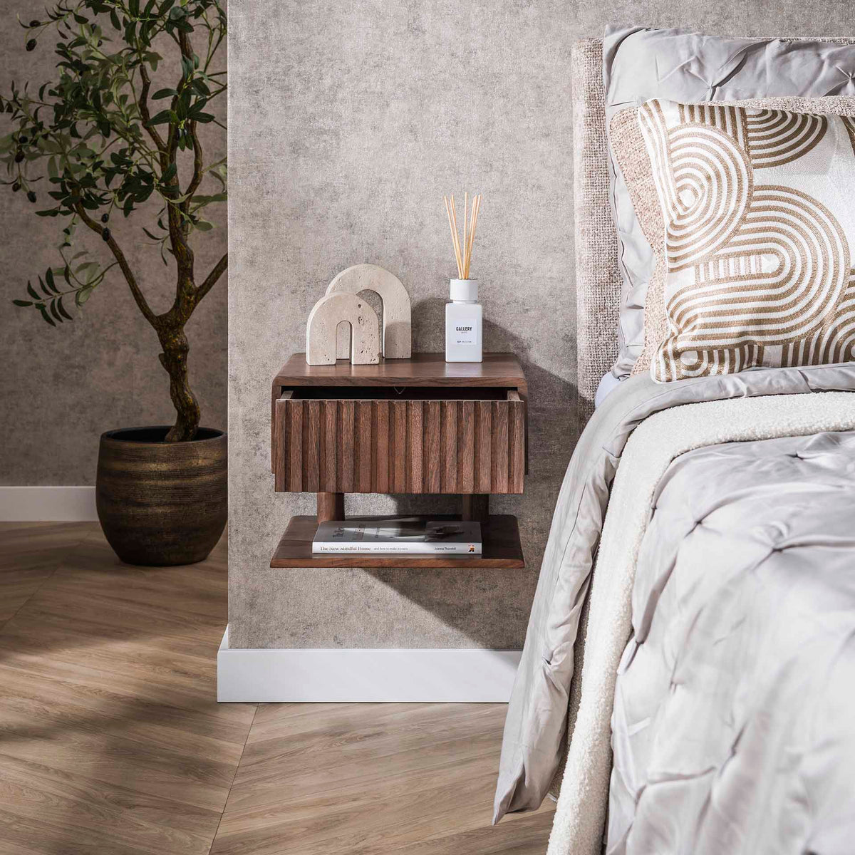 Bedside Tables - Floating Bedside Table Dex Acacia Wood Drift Brown 1 Drawer Open Shelf - Dimehouse