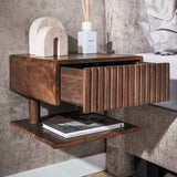 Bedside Tables - Floating Bedside Table Dex Acacia Wood Drift Brown 1 Drawer Open Shelf - Dimehouse