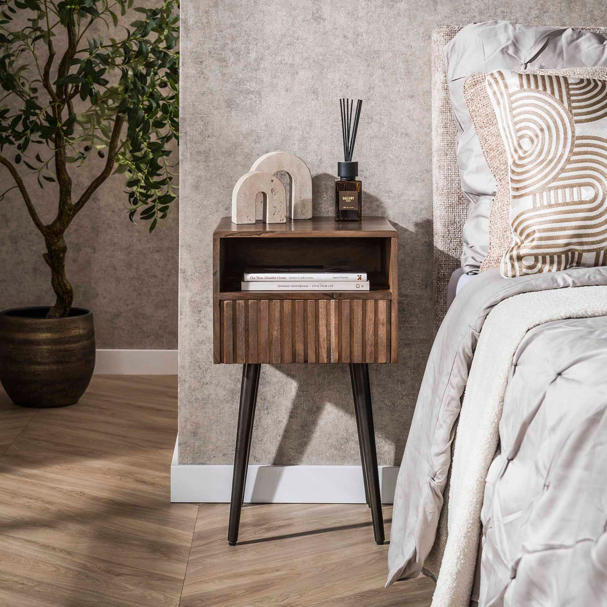 Bedside tables - Bedside table Oslo Acacia wood Drift Brown 1 Drawer - Dimehouse