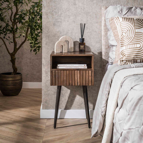Bedside tables - Bedside table Oslo Acacia wood Drift Brown 1 Drawer - Dimehouse