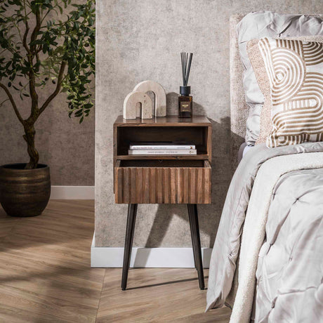 Bedside tables - Bedside table Oslo Acacia wood Drift Brown 1 Drawer - Dimehouse