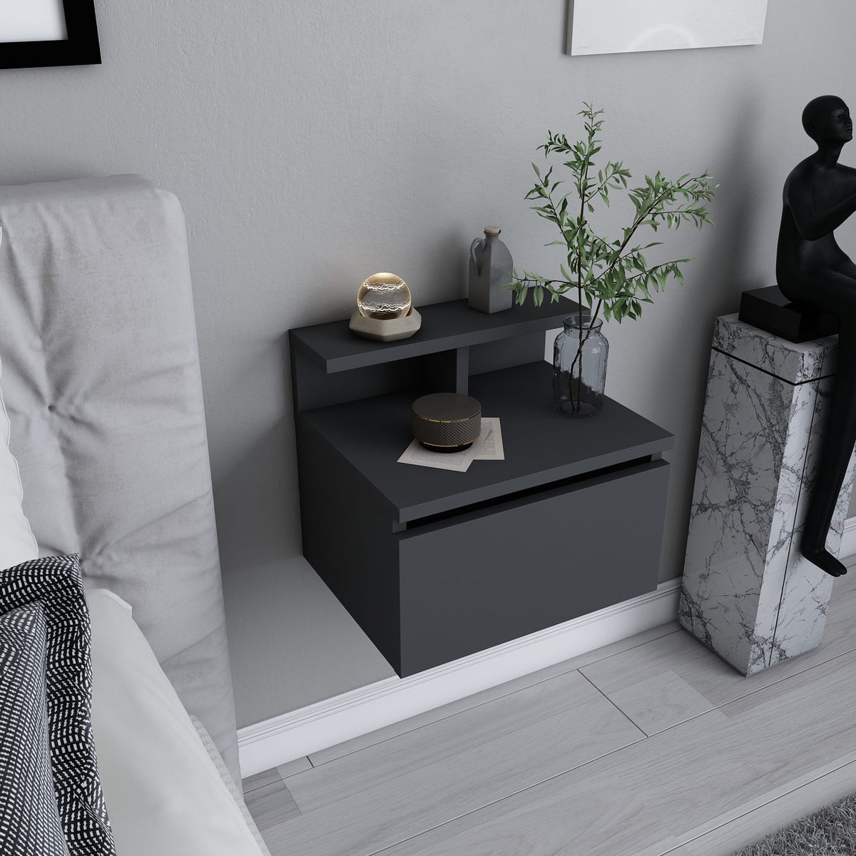 Bedside tables - Bedside table Alice Anthracite Melamine 39.8x35x35 cm - Dimehouse