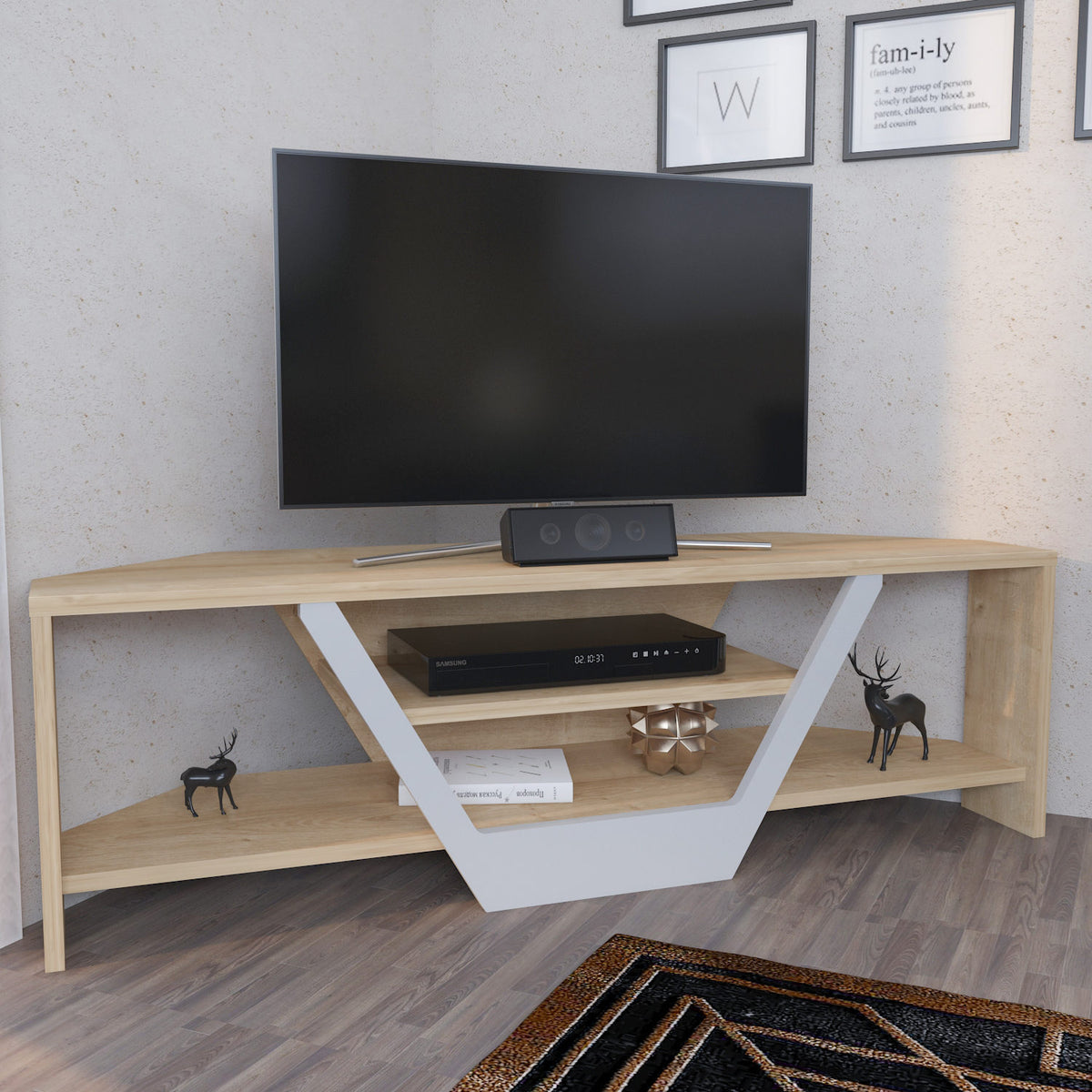 Sares TV cabinet oak look white 120 cm White and oak look Melamine coated wood composite