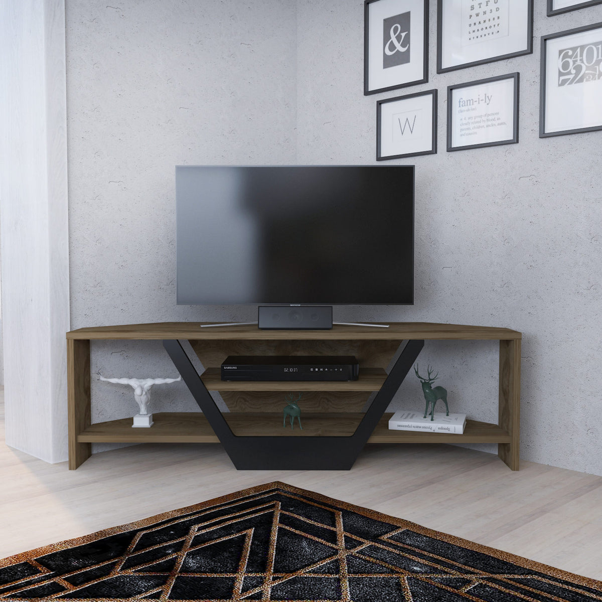 Sares TV cabinet oak look black 120 cm Old oak look, black Melamine coated wood composite