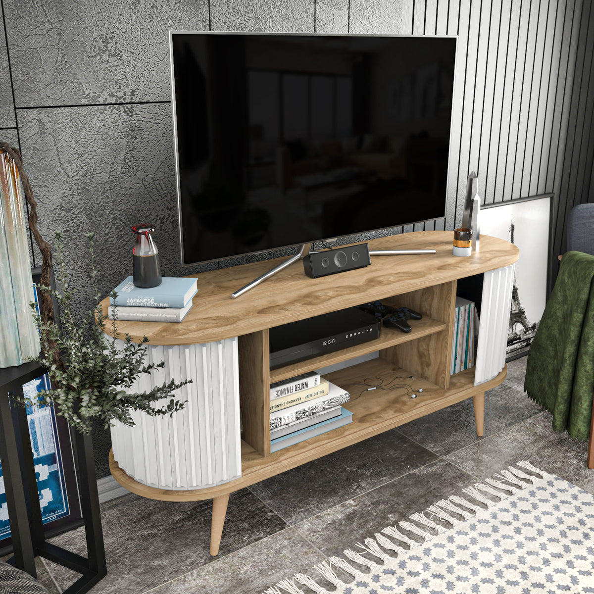 TV Furniture - TV Furniture Stor Oak White Melamine 140x64x43 cm - Dimehouse