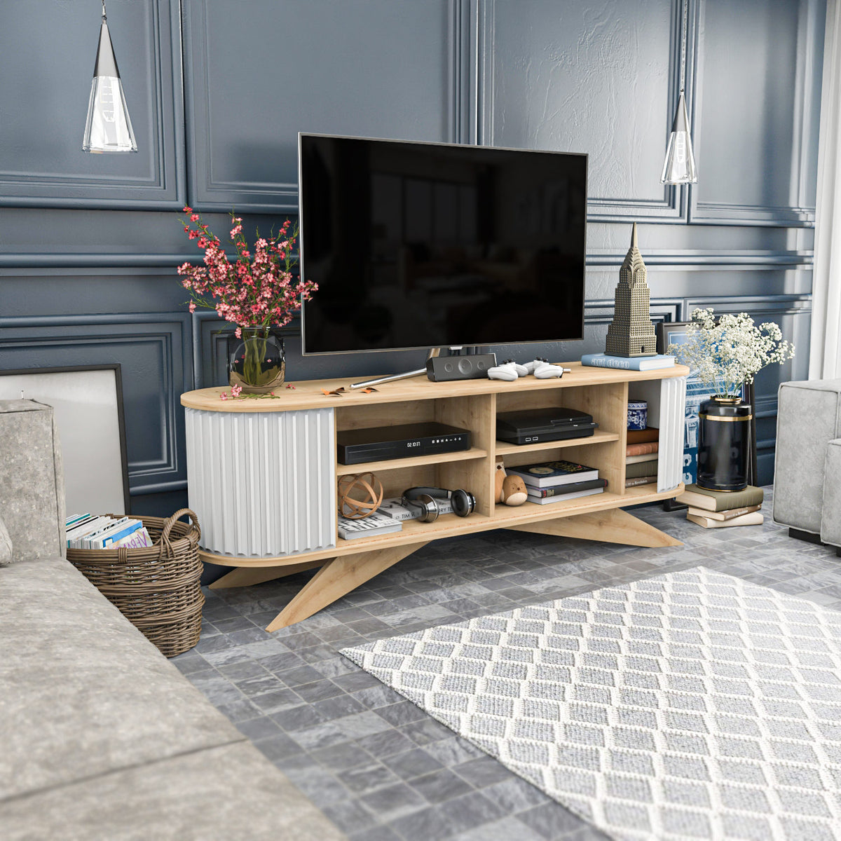 TV Furniture - TV Furniture Stor Saffier White Melamine 180x60x43 cm - Dimehouse