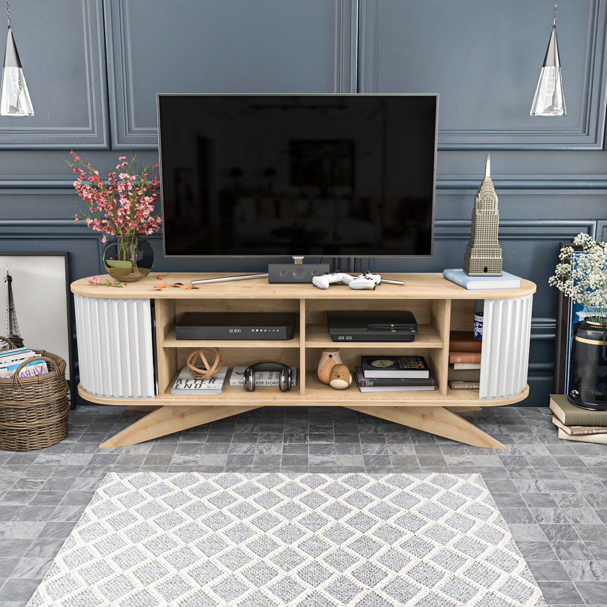 TV Furniture - TV Furniture Stor Saffier White Melamine 180x60x43 cm - Dimehouse