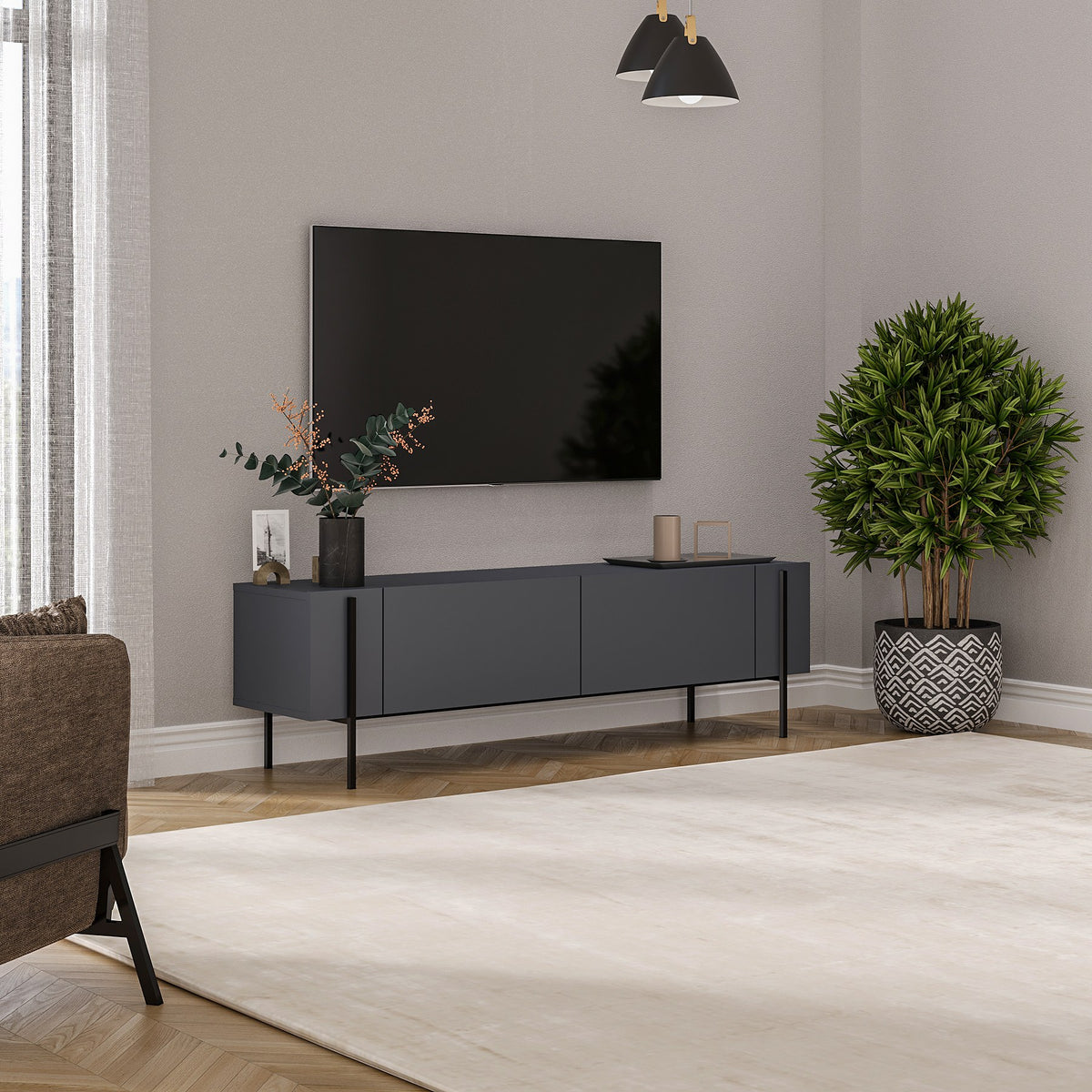 Herman TV cabinet anthracite 160 cm Melamine-faced wood composite