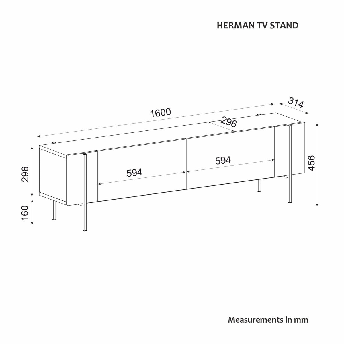 Herman TV cabinet anthracite 160 cm Melamine-faced wood composite