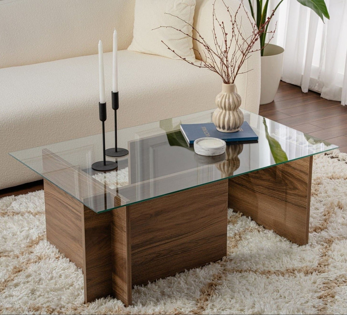 Coffee Tables - Rectangular Modern Coffee Table Vetroni Walnut Look - Glass - 105x65 cm - Dimehouse