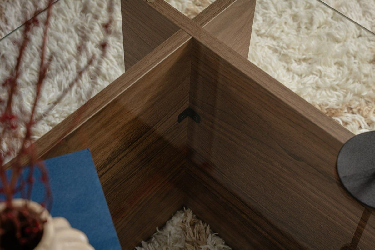 Coffee Tables - Rectangular Modern Coffee Table Vetroni Walnut Look - Glass - 105x65 cm - Dimehouse