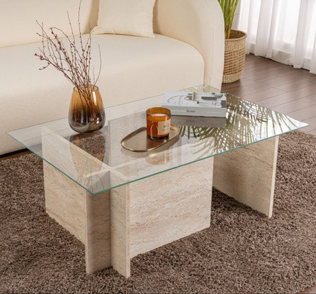 Coffee Tables - Rectangular Modern Coffee Table Vetroni Travertine Look - Glass - 105x65 cm - Dimehouse