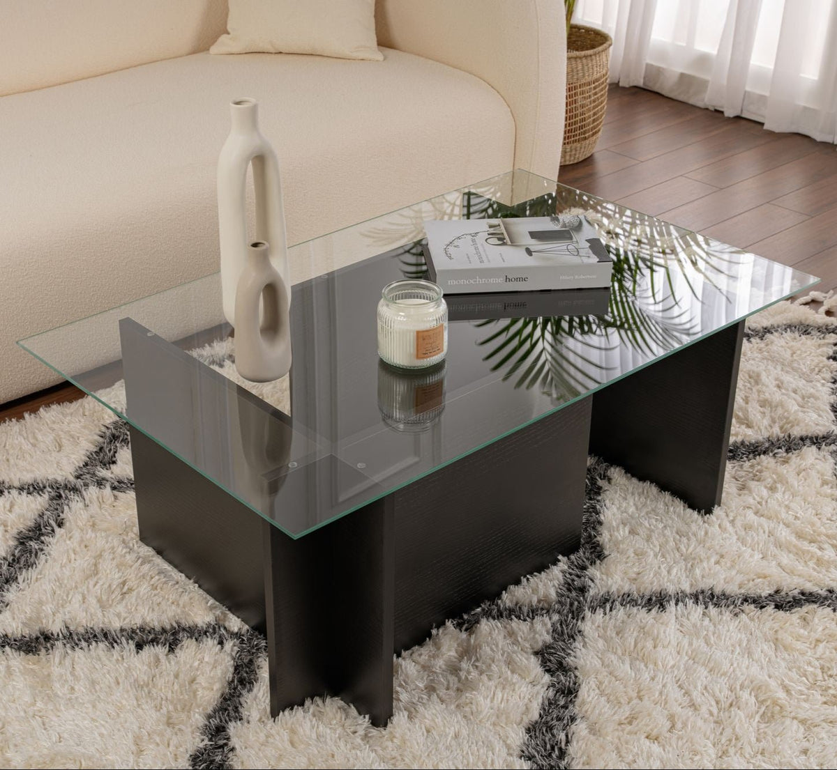 Coffee Tables - Rectangular Modern Coffee Table Vetroni Black Wood Look - Glass - 105x65 cm - Dimehouse