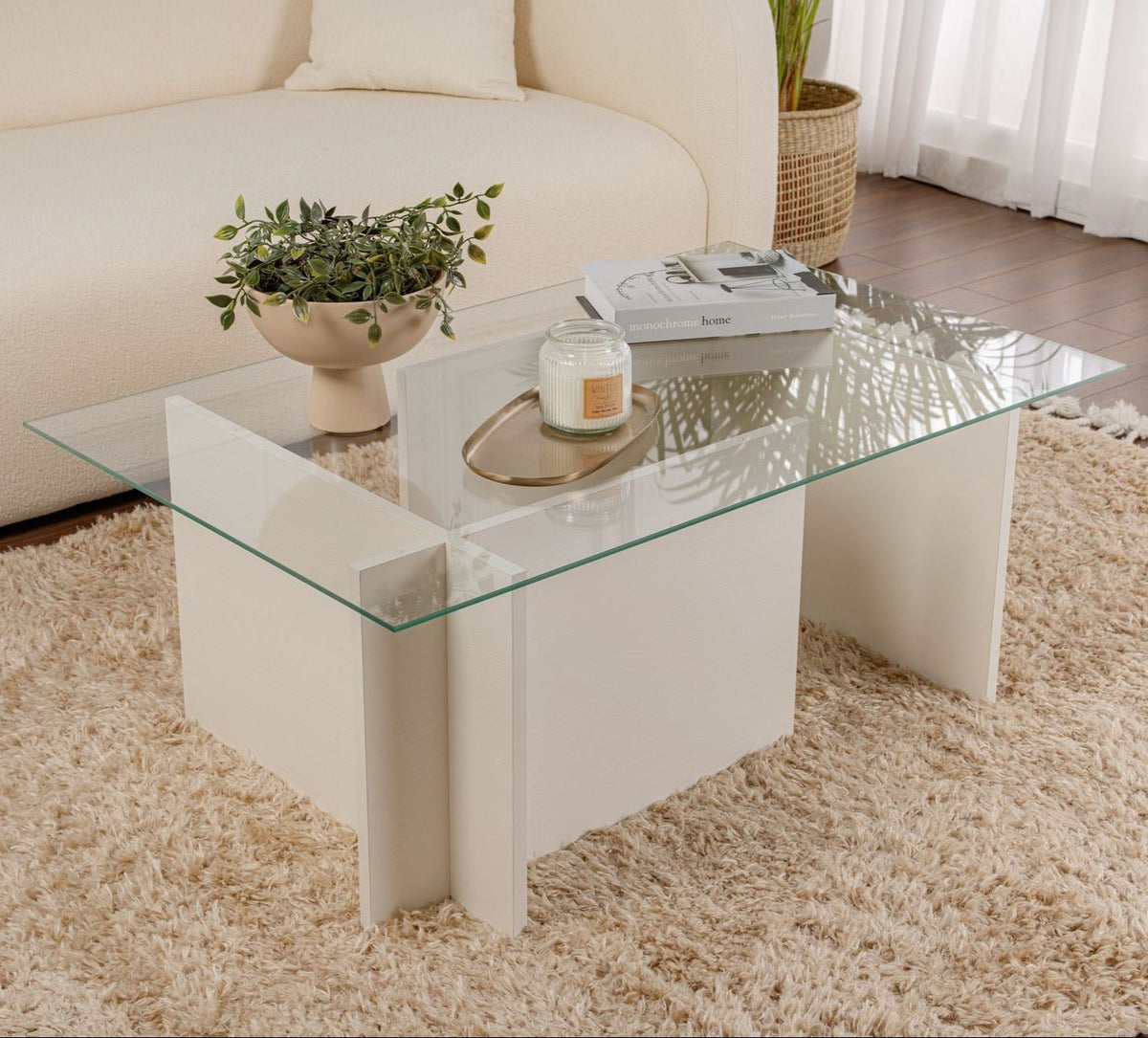 Coffee Tables - Rectangular Modern Coffee Table Vetroni White Wood Look - Glass - 105x65 cm - Dimehouse