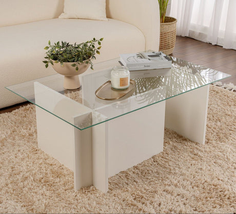 Coffee Tables - Rectangular Modern Coffee Table Vetroni White Wood Look - Glass - 105x65 cm - Dimehouse