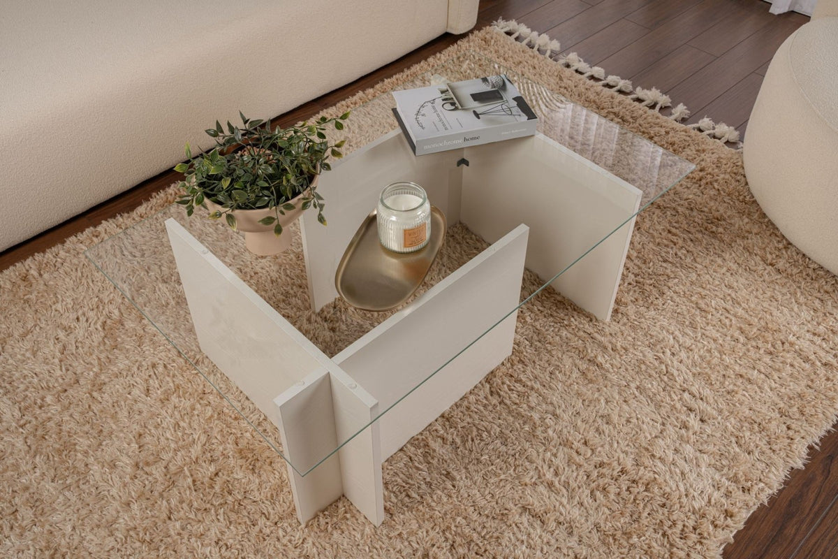 Coffee Tables - Rectangular Modern Coffee Table Vetroni White Wood Look - Glass - 105x65 cm - Dimehouse