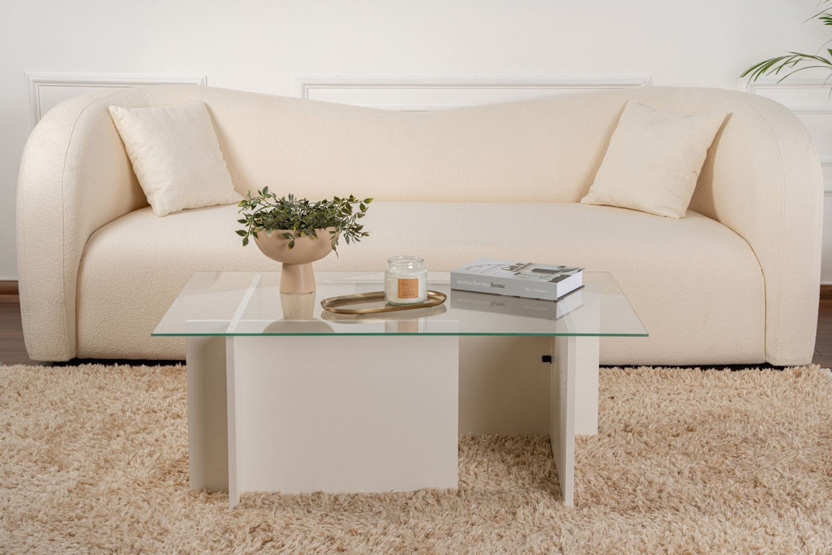 Coffee Tables - Rectangular Modern Coffee Table Vetroni White Wood Look - Glass - 105x65 cm - Dimehouse