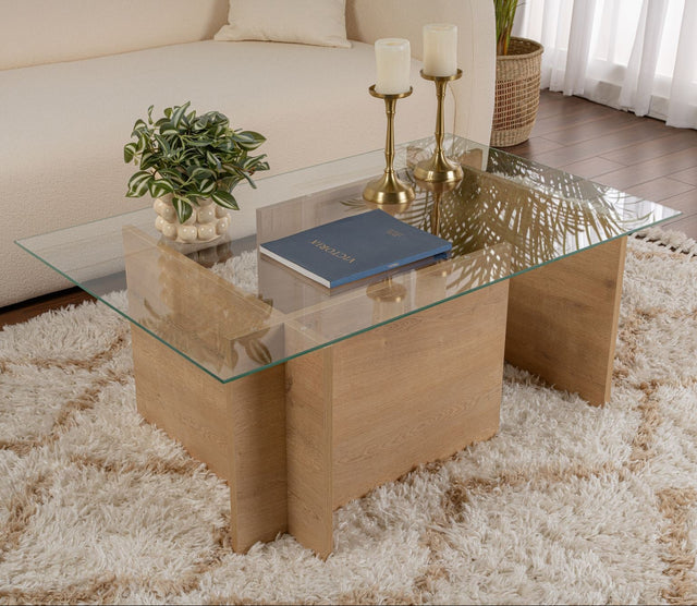 Coffee Tables - Rectangular Modern Coffee Table Honey Oak Wood Look - Glass - 105x65 cm - Dimehouse