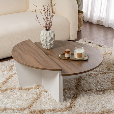 Coffee tables - Round coffee table Orion walnut and white melamine 90x60 cm - Dimehouse
