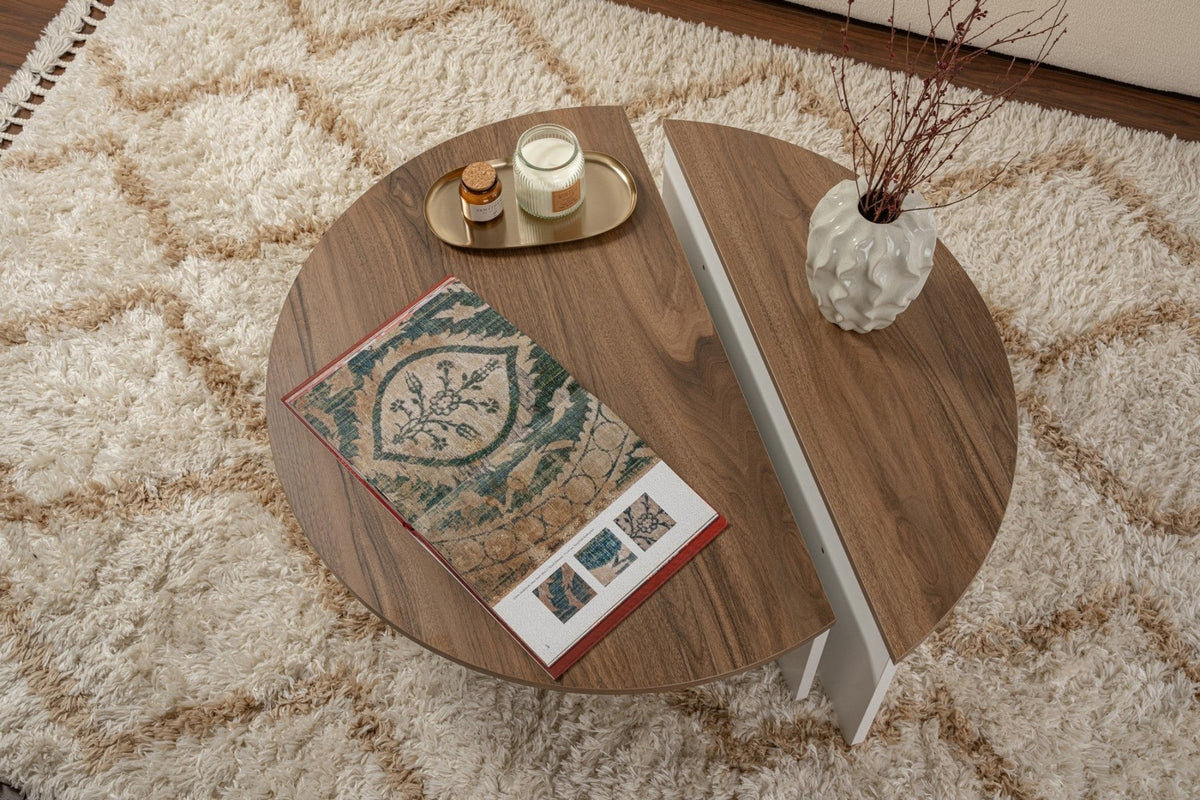 Coffee tables - Round coffee table Orion walnut and white melamine 90x60 cm - Dimehouse