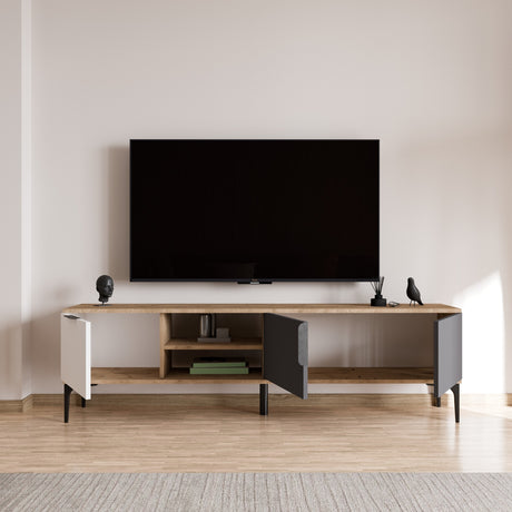 Tarz TV cabinet with open compartments 180 cm White, anthracite and oak look Melamine coated wood composite