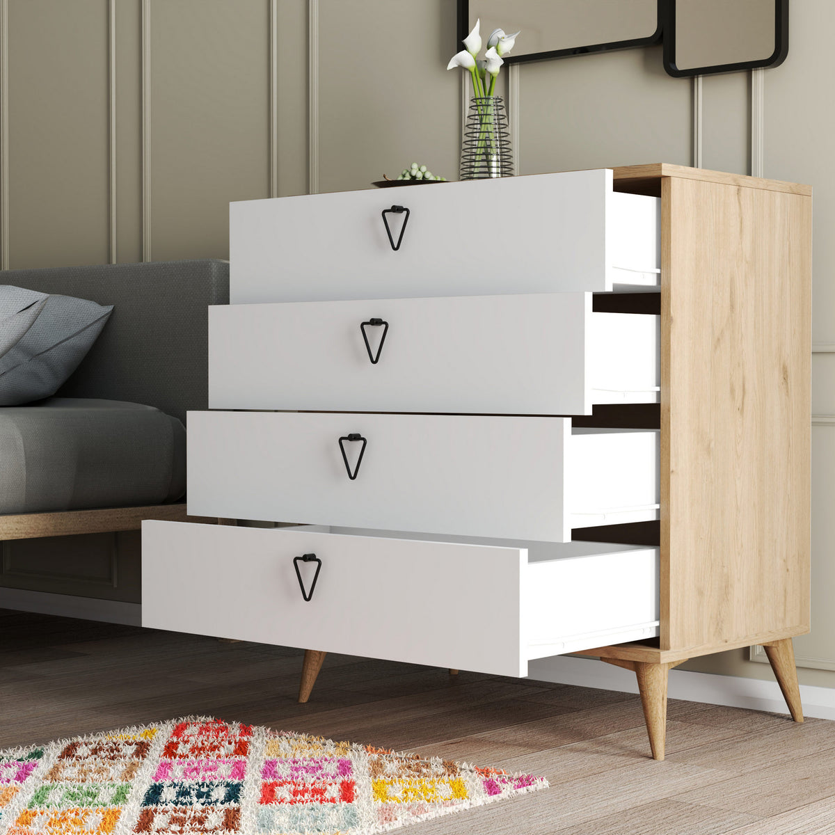 Chests of drawers - Chest of drawers Versa Oak White Melamine 80x90.8x45 cm - Dimehouse