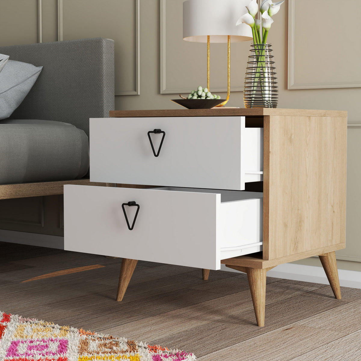 Bedside tables - Bedside table Versa Oak White Melamine 52x55.1x45 cm - Dimehouse