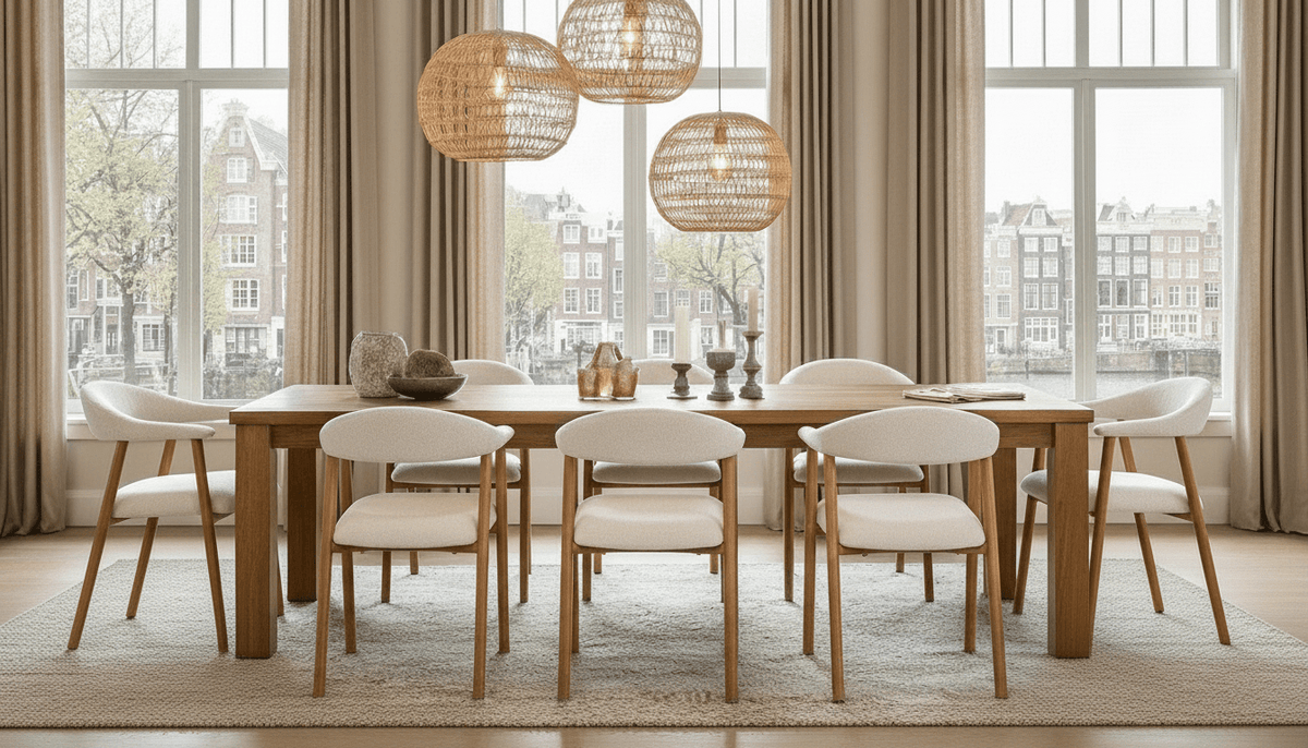 Dining room chairs - Japandi Dining room chair Sand color Bouclé Suki - Oak look Frame - With Armrest - Dimehouse