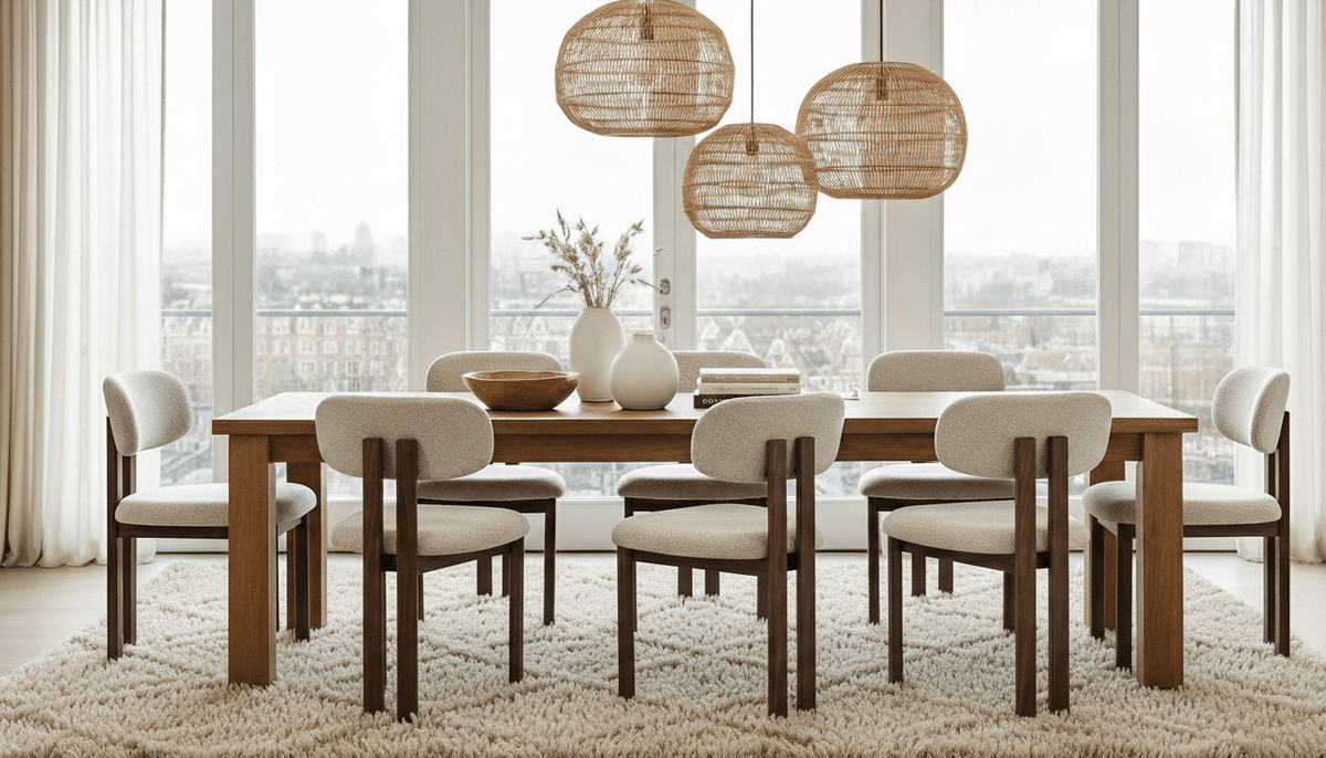 Dining room chairs - Japandi Dining room chair Miyo Bouclé Beige - Walnut look Frame - Dimehouse