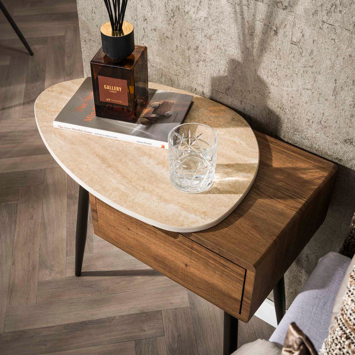 Bedside tables - Bedside table Borea Left 1 Drawer Ceramic Travertine - Dimehouse