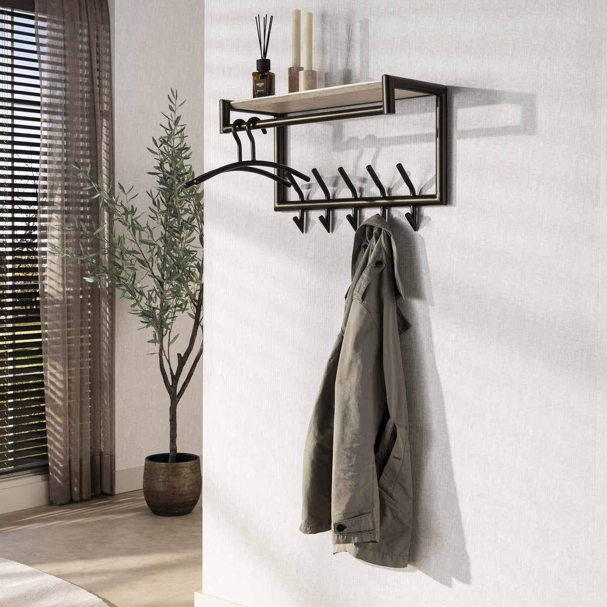 Coat racks - Wall coat rack Aria 2x5 hooks Travertine Melamine Bronze colored - Dimehouse