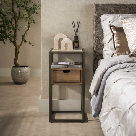 Bedside table - Bedside table with 1 drawer ceramic travertine oak Cady - Dimehouse