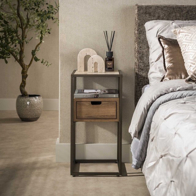 Bedside table - Bedside table with 1 drawer ceramic travertine oak Cady - Dimehouse