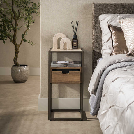 Bedside table - Bedside table with 1 drawer ceramic travertine oak Cady - Dimehouse