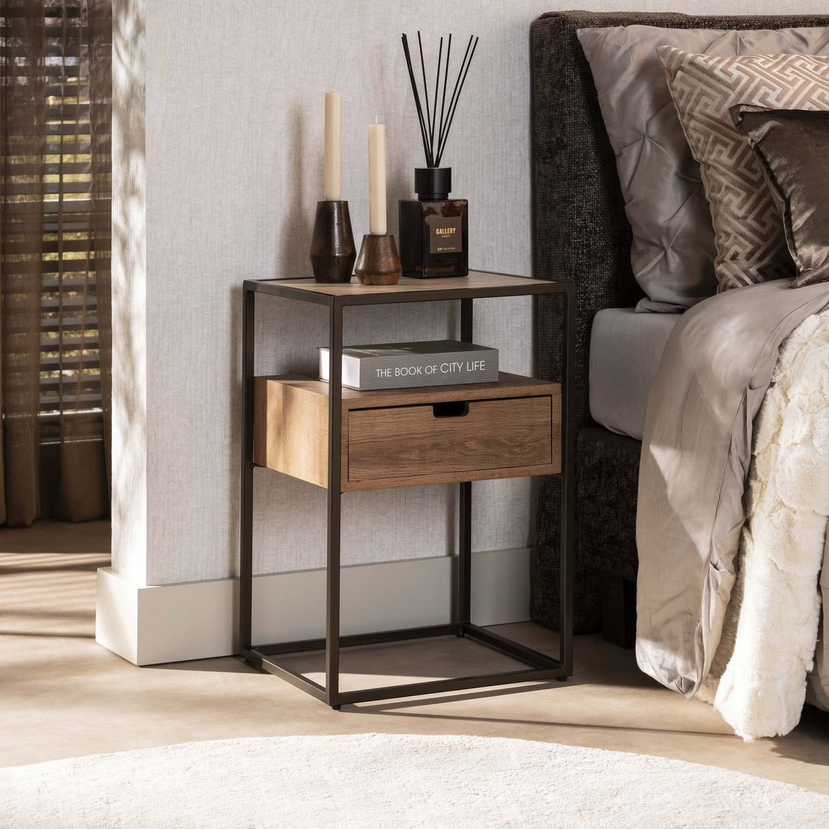 Bedside tables - Bedside table 1 drawer Ceramic travertine Cassi 40x35x60 cm - Dimehouse