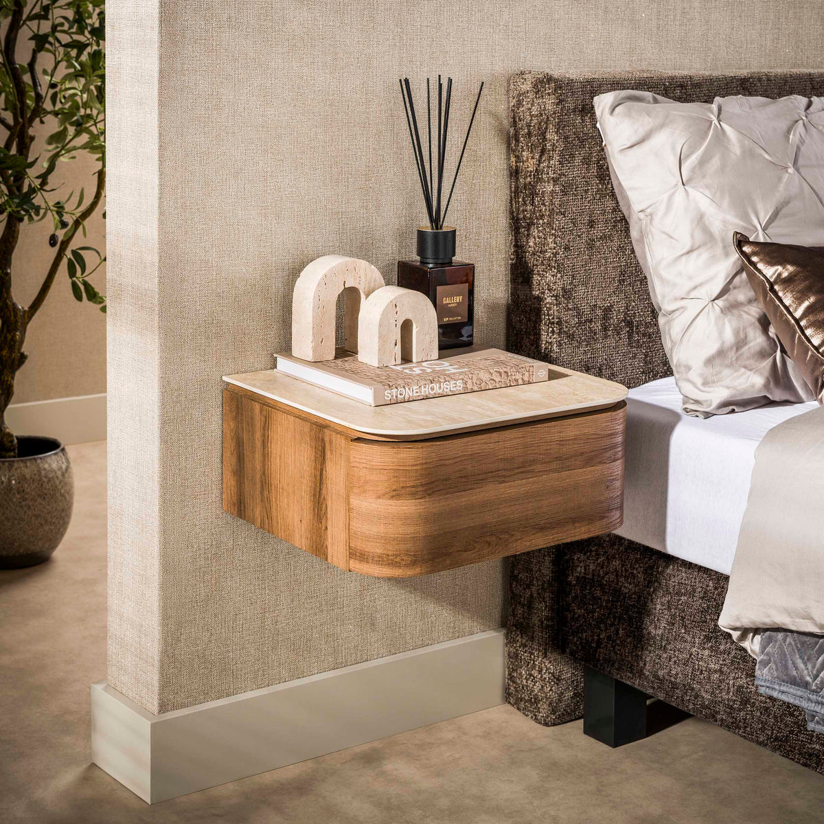 Bedside table - Floating bedside table with 1 drawer ceramic travertine oak Cady - Dimehouse