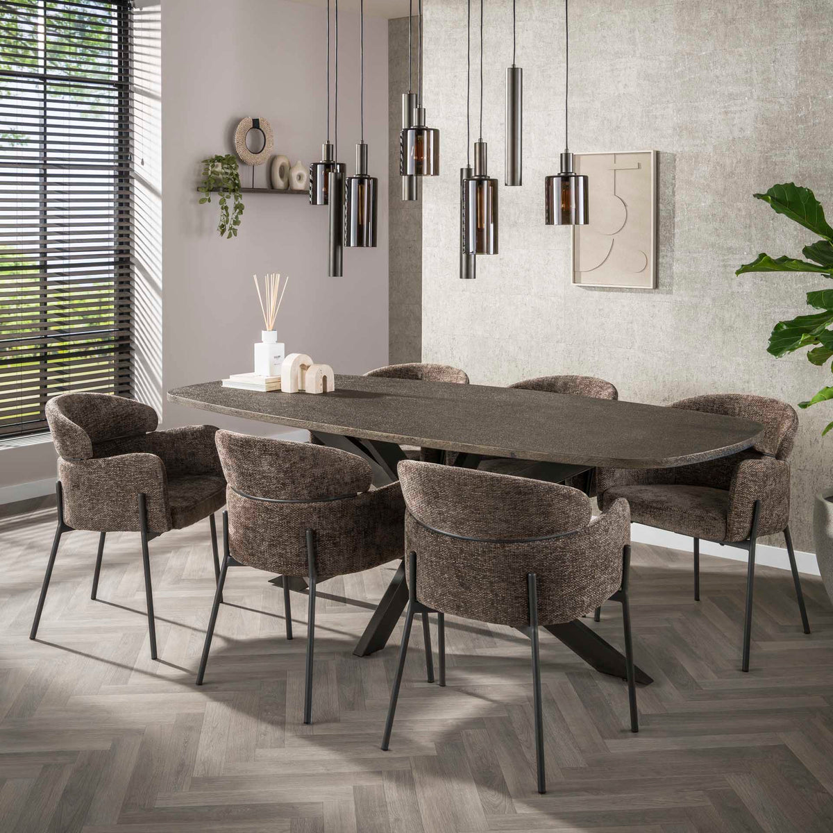 Dining room chairs - Dining room chair Chenille Brown with round back and arm - Lola - Dimehouse