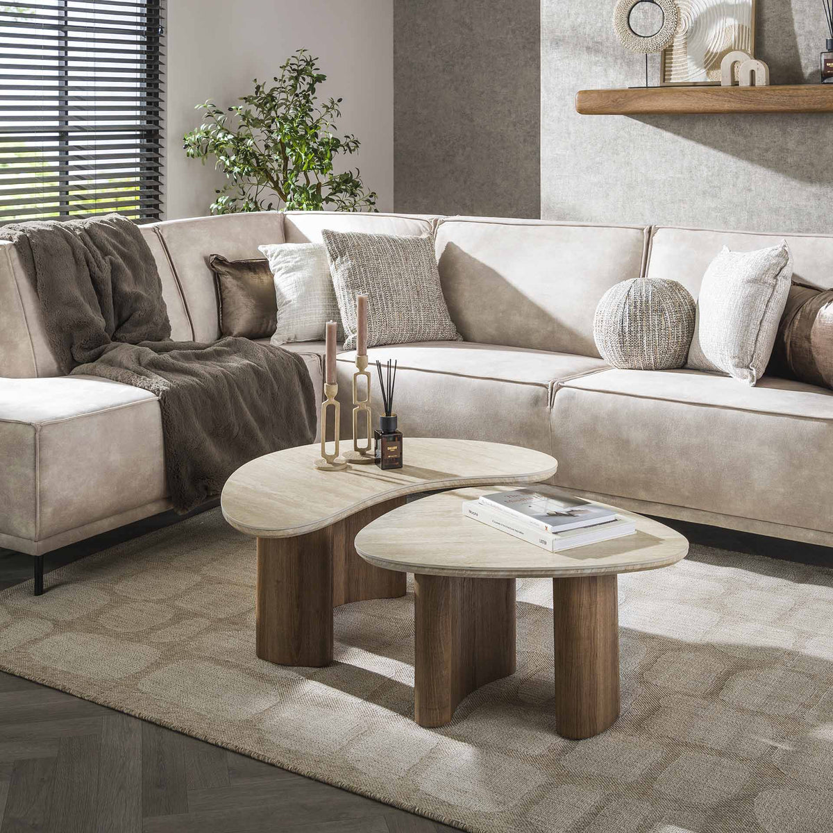 Coffee tables - Set of 2 organic coffee tables Jimi travertine top with walnut base - Japandi - Dimehouse