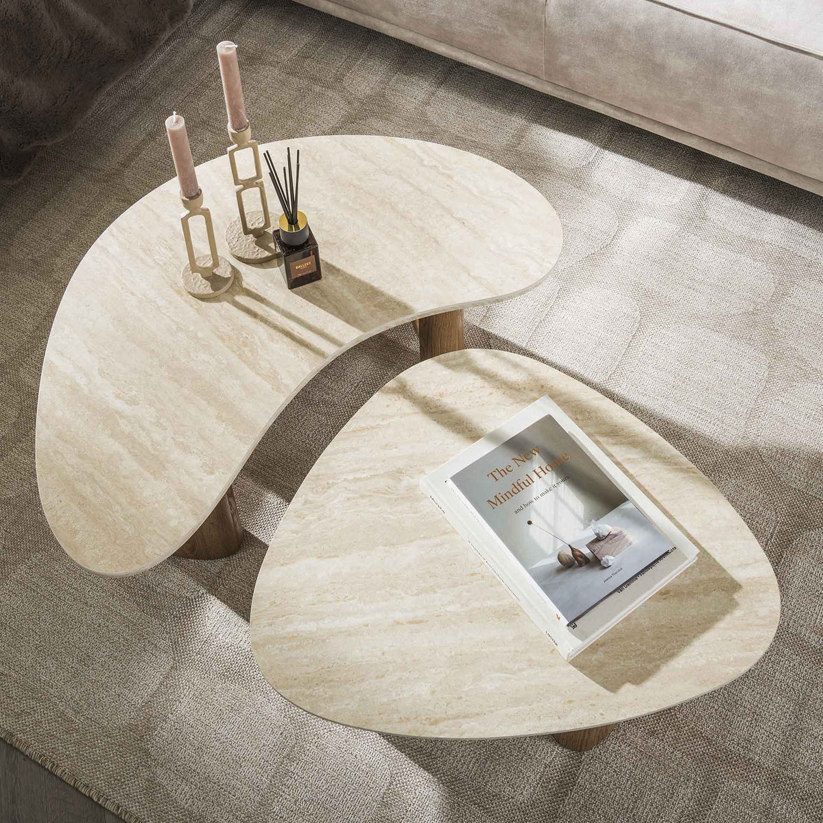 Coffee tables - Set of 2 organic coffee tables Jimi travertine top with walnut base - Japandi - Dimehouse
