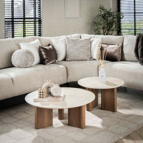 Coffee tables - Set of 2 round coffee tables Jimi travertine top with walnut base - Dimehouse