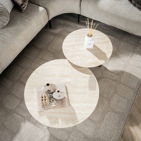 Coffee tables - Set of 2 round coffee tables Jimi travertine top with walnut base - Dimehouse