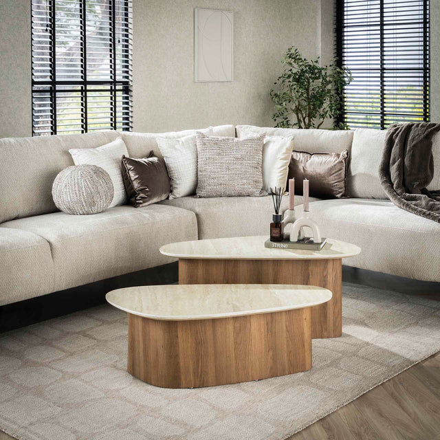 Coffee tables - Coffee table set Jimi Set of 2 Triangular Travertine Look - Dimehouse