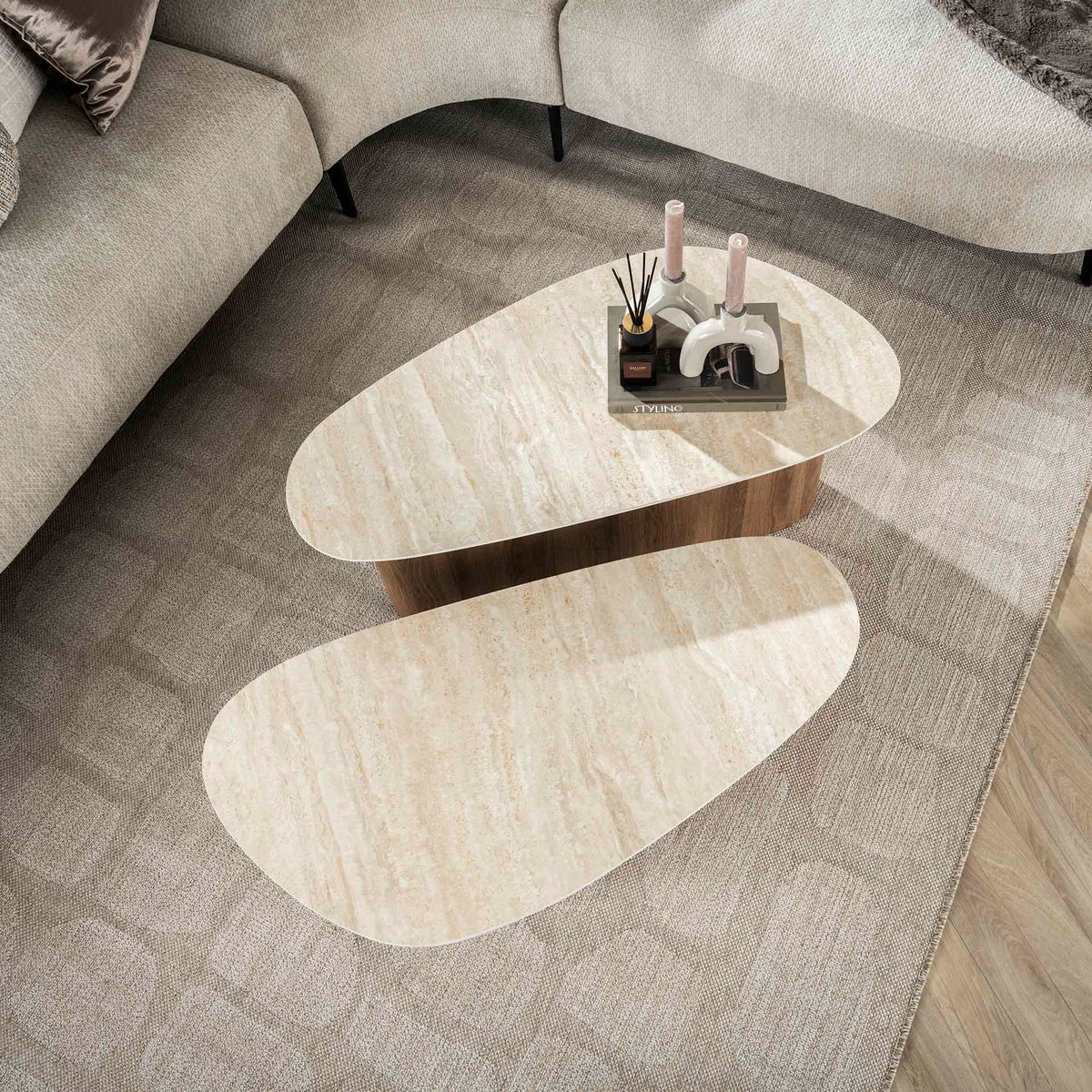 Coffee tables - Coffee table set Jimi Set of 2 Triangular Travertine Look - Dimehouse