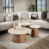 Coffee tables - Set of 3 round coffee tables Jimi travertine top with walnut base - Dimehouse