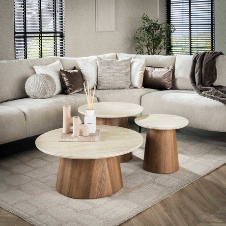 Coffee tables - Set of 3 round coffee tables Jimi travertine top with walnut base - Dimehouse