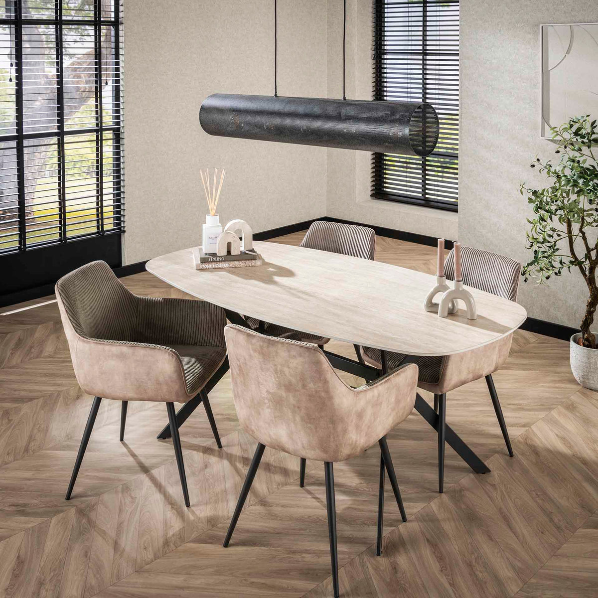 Dining tables - Dining table Jimi Danish Oval Ceramic Travertine look 180 cm - Dimehouse
