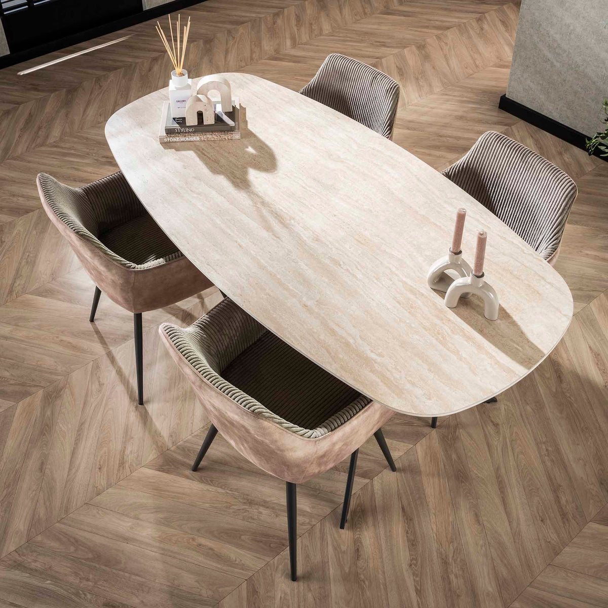 Dining tables - Dining table Jimi Danish Oval Ceramic Travertine look 180 cm - Dimehouse