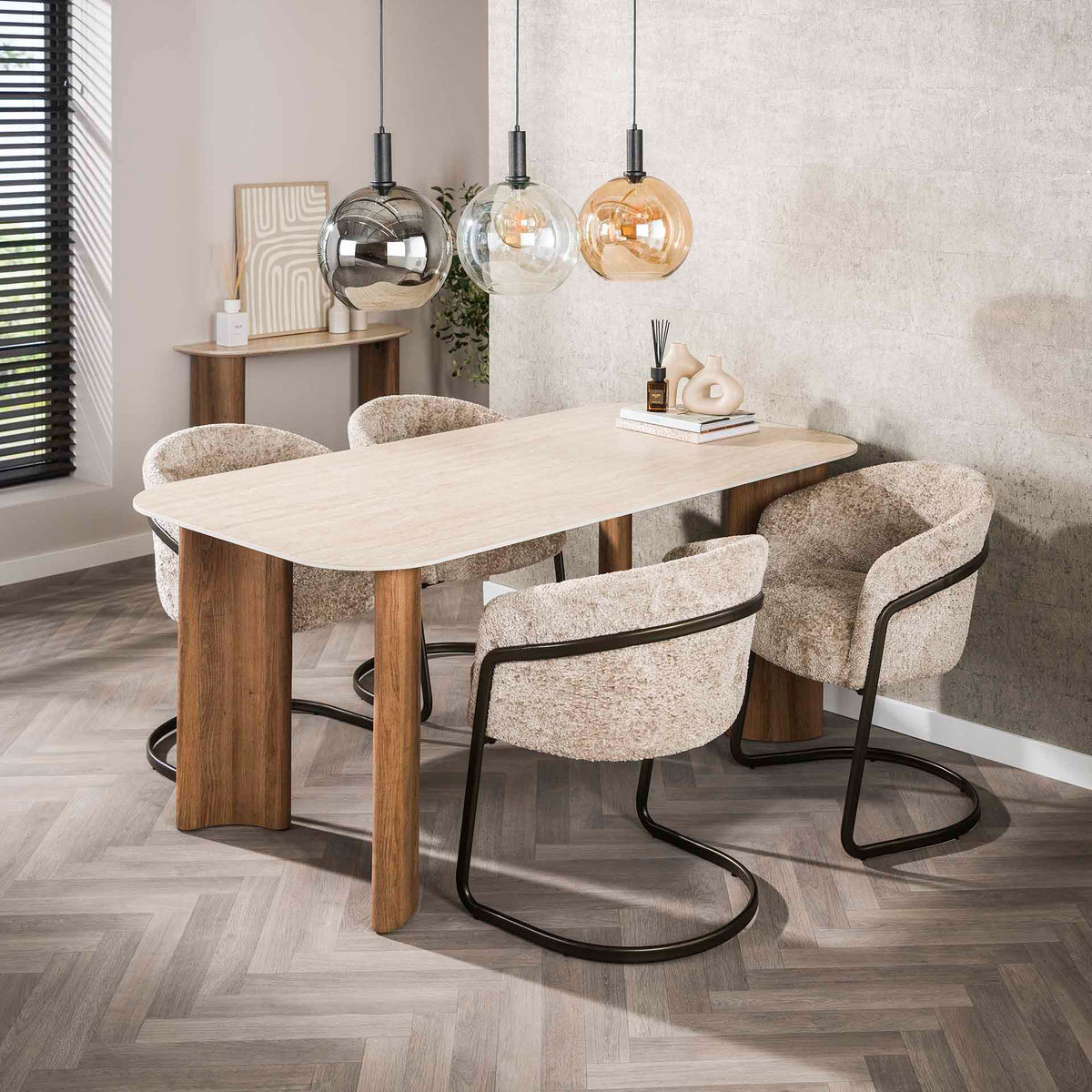 Dining tables - Dining table Jimi Curvo Ceramic Travertine 180 cm - Dimehouse