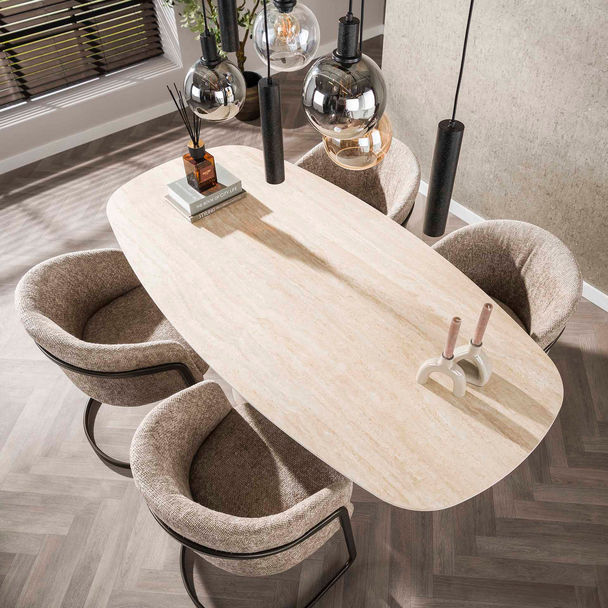 Dining tables - Modern Dining Table Archon Ceramic Travertine 180 cm - Dimehouse